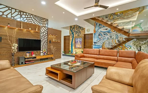 Modern interior design trends 2024 in Kochi and Bengaluru, featuring sustainable materials, biophilic elements, and smart home integration.